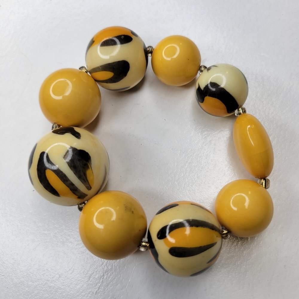 Womens Bracelet Animal Print Yellow Stretch Large Round Ball Bead Bracelet